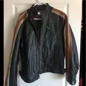 Mens Black Leather Moto Jacket with side stripes